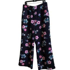 Lane Bryant Womens Floral Wide-Leg Pants Size 14 Black Pink Green Polyester Span